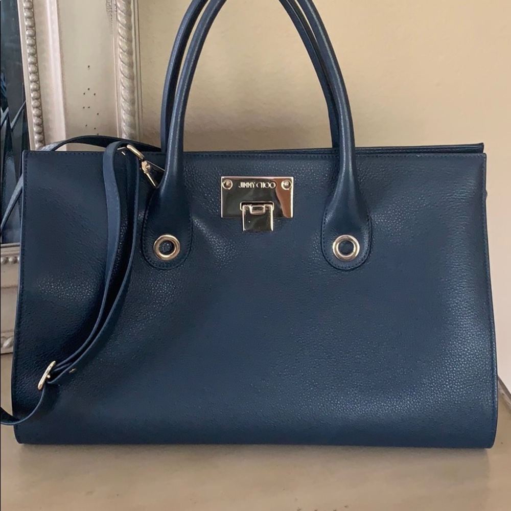 Brand New Jimmy Choo Riley Navy Leather Tote